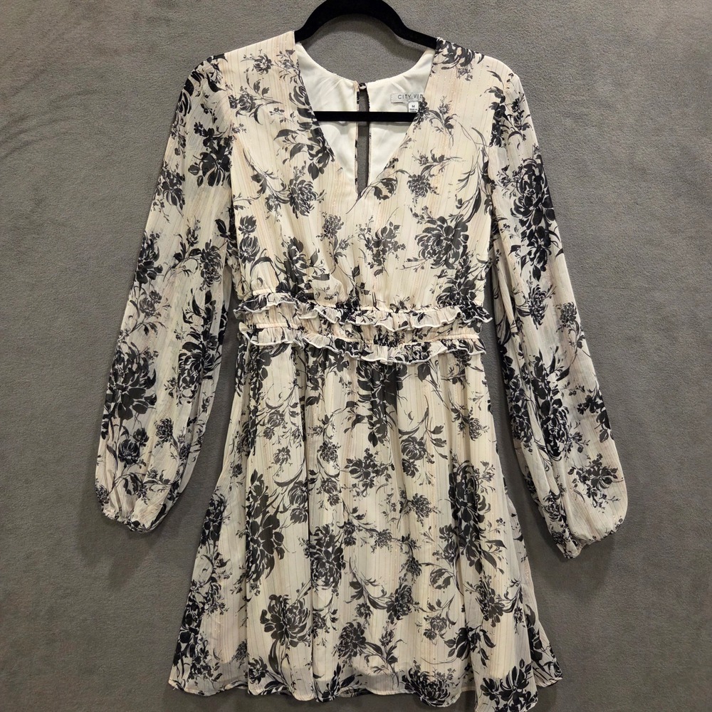 City Vibe Boho Floral Ruffle Mini Dress Women's Size M Metallic Romantic Fairy